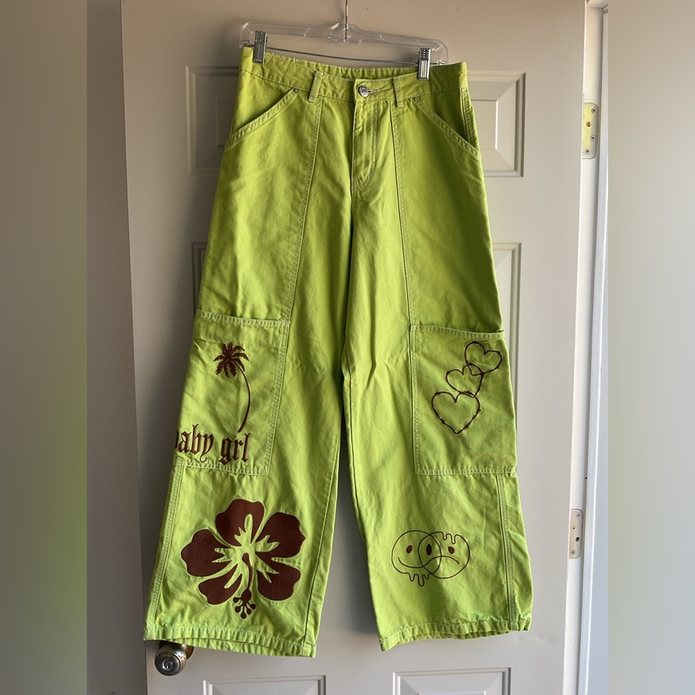 BDG Lime Green Cargo Pants with Brown Graphic Accents